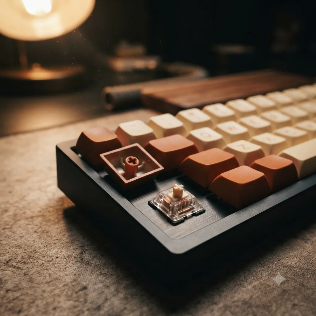 Close-up of a keyboard corner with cream and burnt-orange keycaps; one keycap is flipped upside down showing its stem mount, and one switch sits exposed in the plate.
