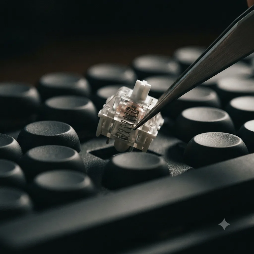 Macro photo of a clear-housing mechanical switch gripped by metal tweezers and lifted above a black keyboard, its coiled spring visible inside the housing; the empty slot it came from sits in the plate below, ringed by black keycaps.
