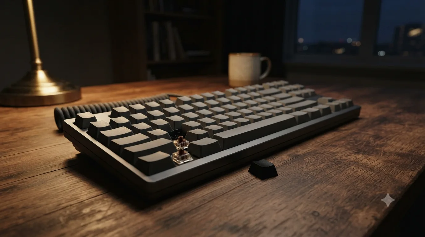 A tenkeyless mechanical keyboard with grey and cream keycaps and a coiled cable on a wooden desk at lamplight; two keycaps are removed, exposing clear-housed switches, and a loose black keycap sits beside the board.