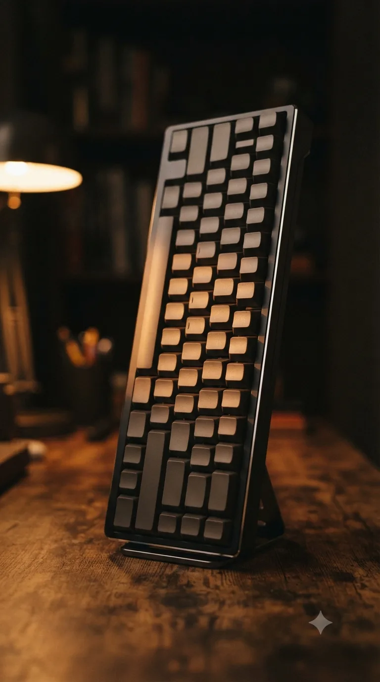 A compact mechanical keyboard with dark keycaps standing upright on a display stand on a wooden desk, lit warmly by a desk lamp with bookshelves blurred behind it.